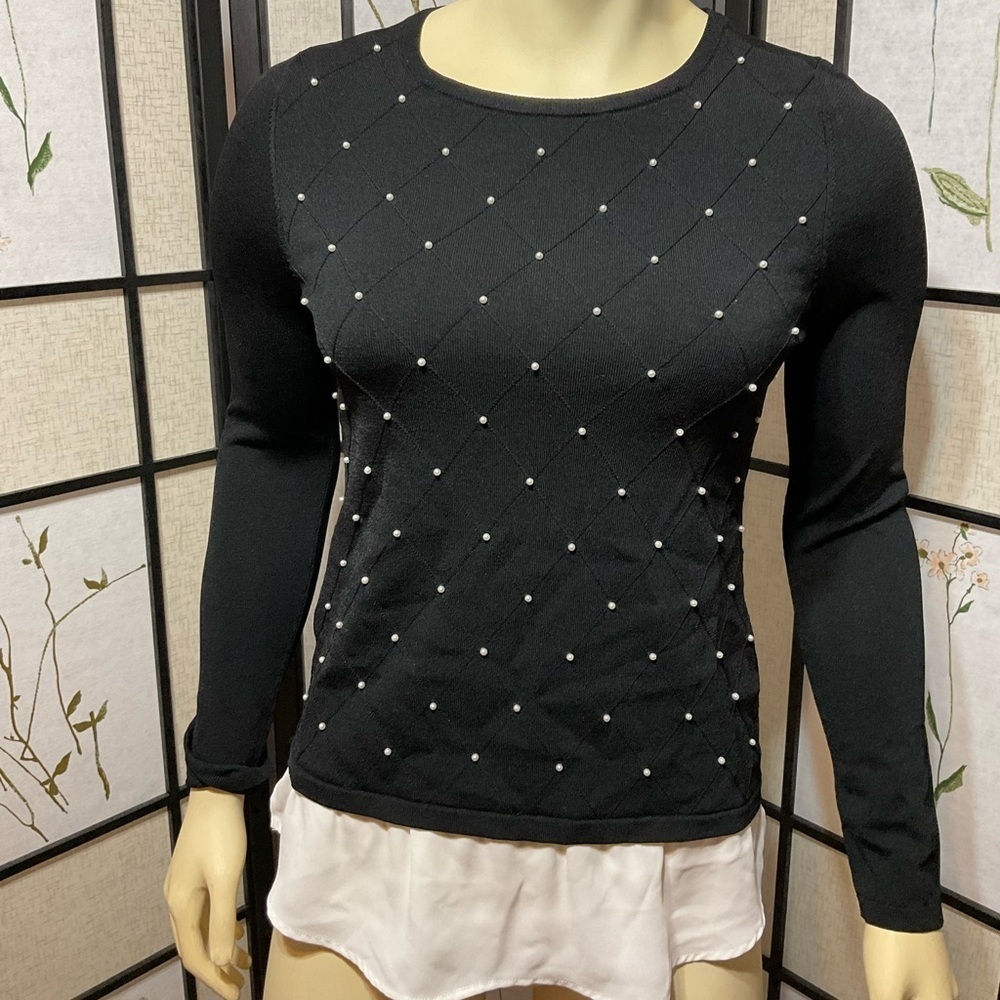White House Black Market Long Sleeve Pearl Embellished Top with Flounce Size XS
